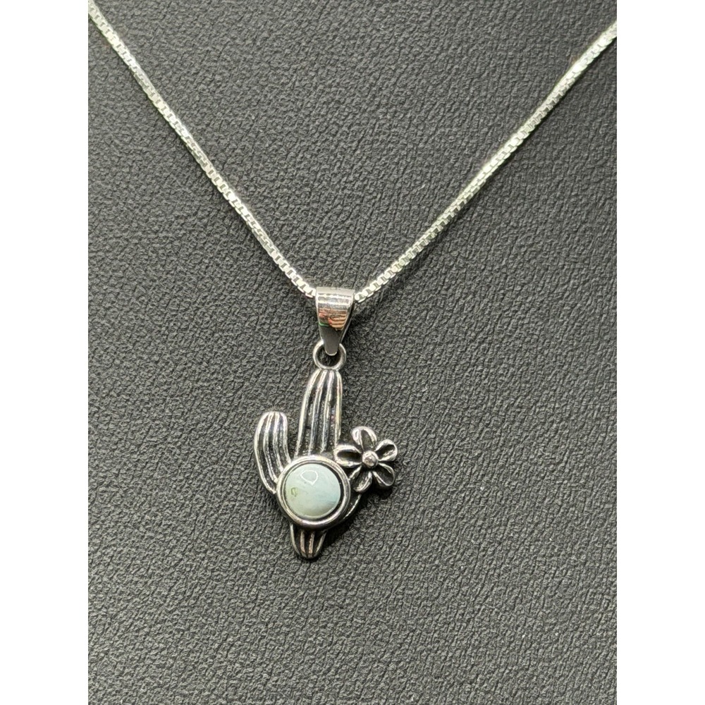 New Condition Sterling Silver Larimar Cactus Pendant Necklace 925 K6